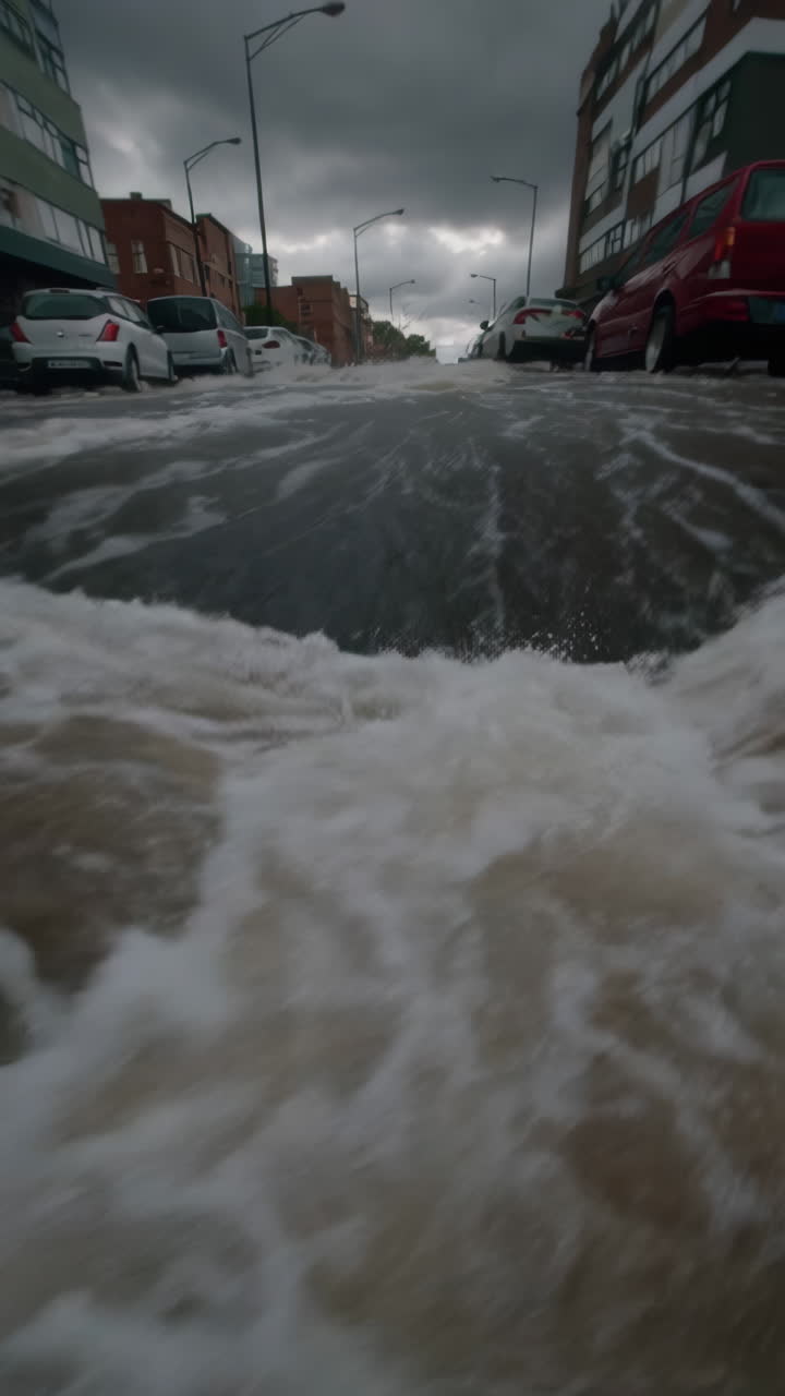 Flooded City Streets with Cars During Stormy Weather