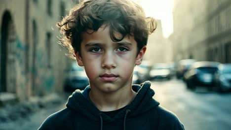 a young boy standing on a city street