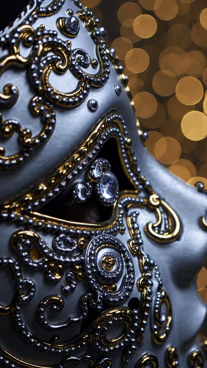 Close-up of an ornate mask with intricate gold and silver details, shot from a side angle