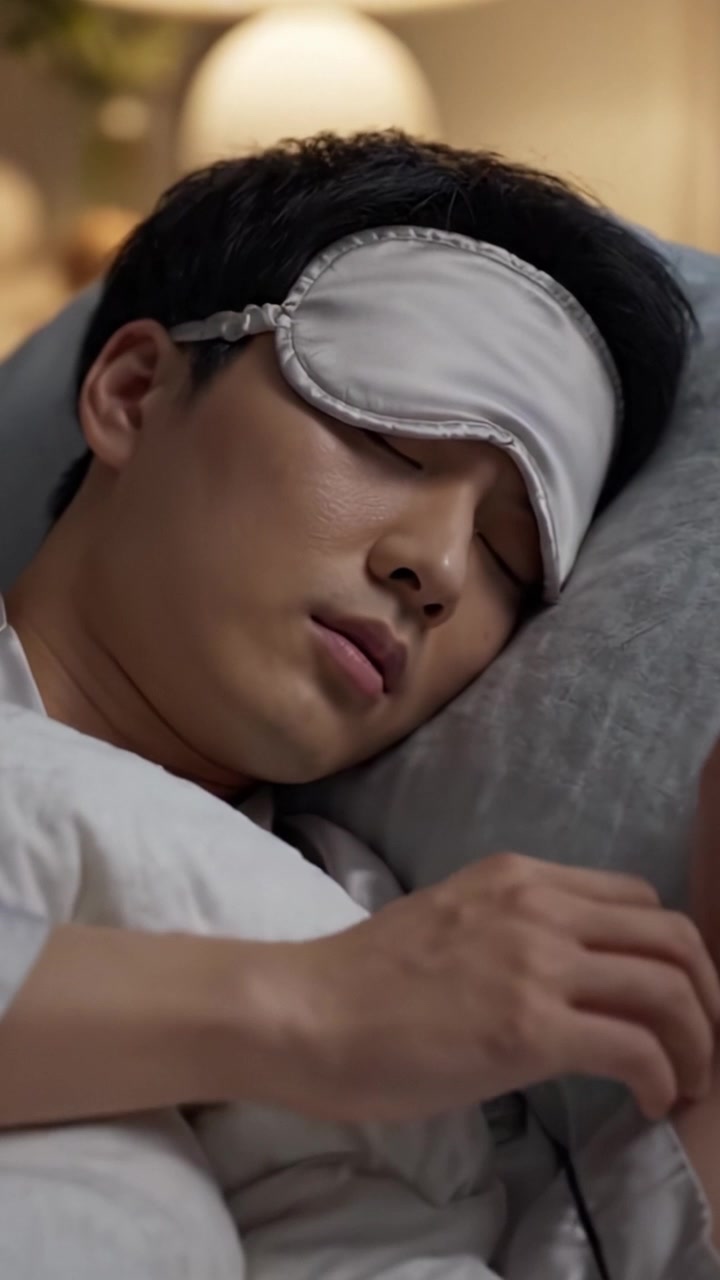Tidur Malam yang Nyenyak: Seorang Pria Muda Menikmati Istirahat dengan Nyaman Menggunakan Penutup Mata Tidur, Dikelilingi oleh Perlengkapan Tidur yang Nyaman di Lingkungan Kamar Tidur yang Tenang