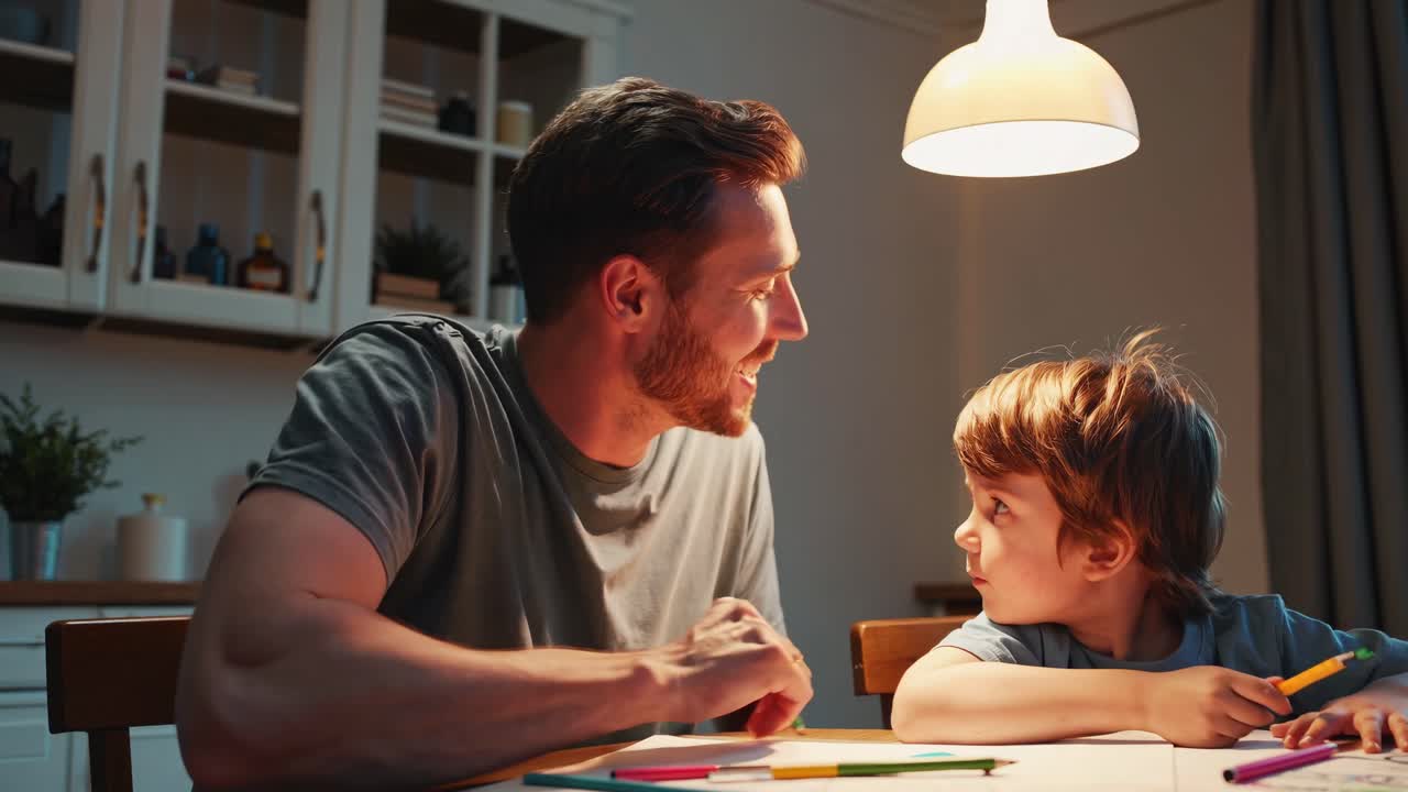 Father and Son Drawing Together at Night