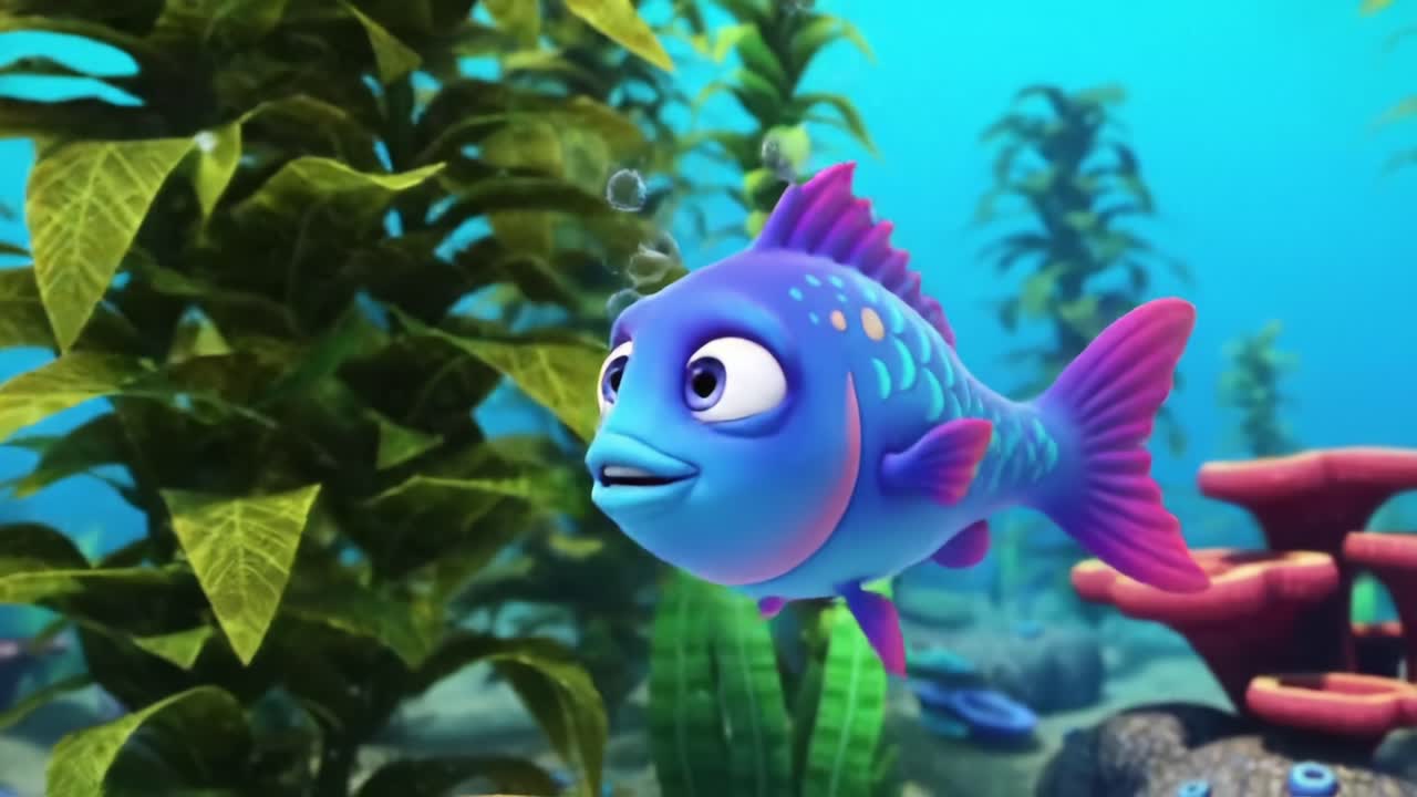 A Vibrant Underwater Adventure Featuring a Colorful, Cheerful Animated Fish Exploring a Lush Coral Reef Environment with Friends and Bubble Trails