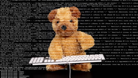 teddy bear typing on a keyboard