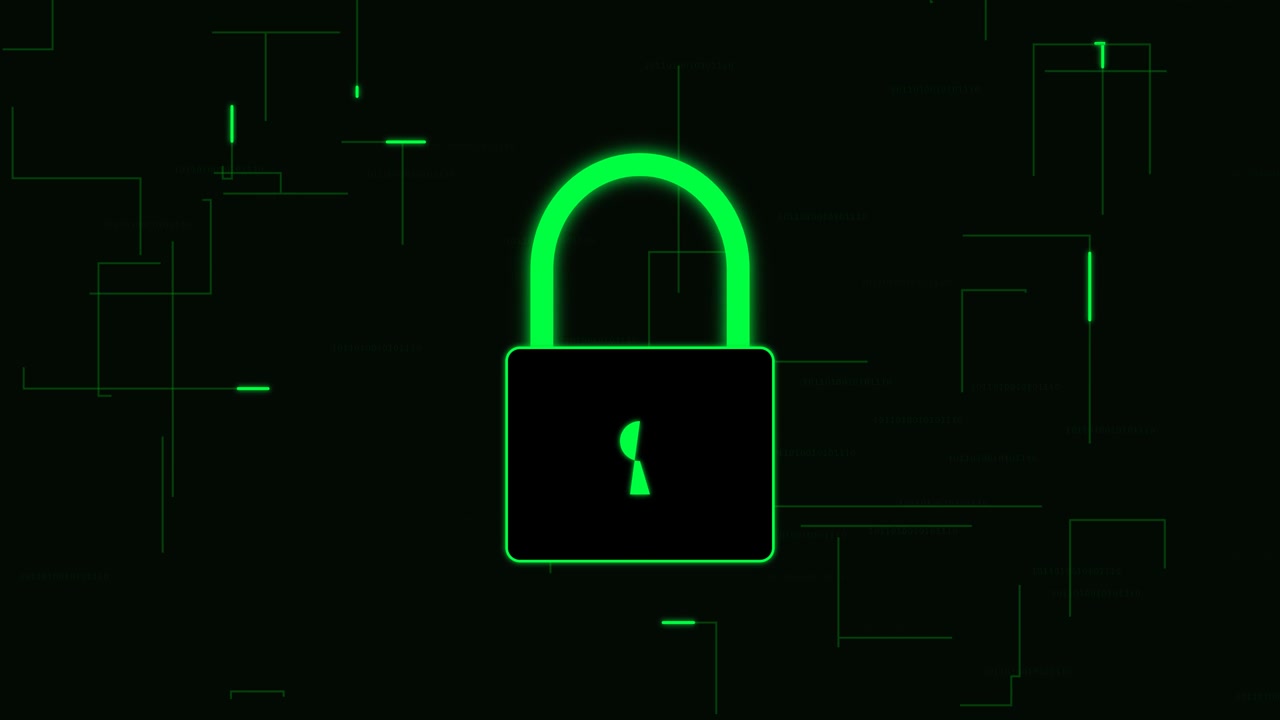Glowing Green Digital Padlock Icon on Abstract Data Background