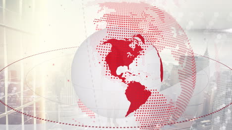 animación del globo y la red de comunicación que gira sobre el paisaje urbano