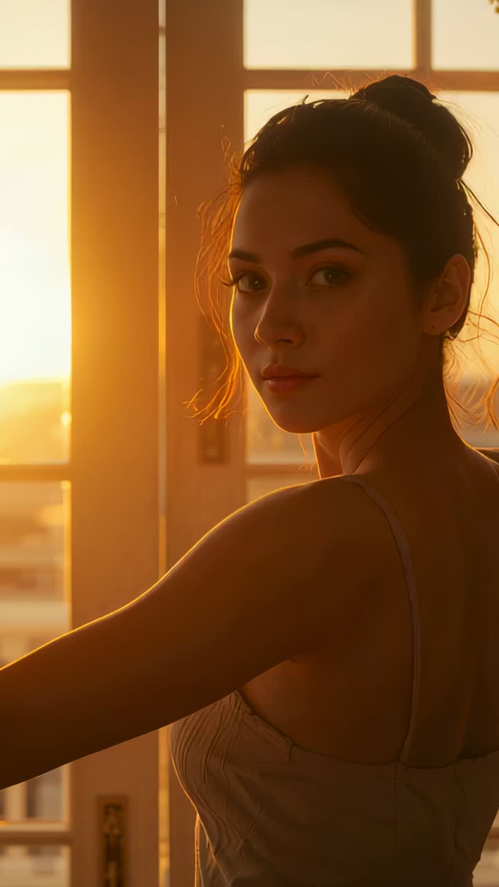 Vertical video: Turning woman in camisole shifting head toward glass doors at sunset, watching city
