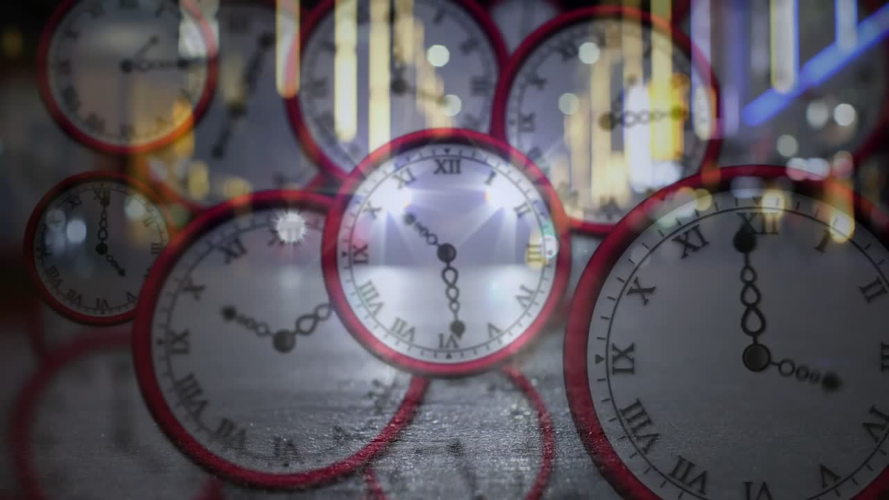 Starting near 11 o'clock red clocks ticking showing time passing while light scanning city backdrop
