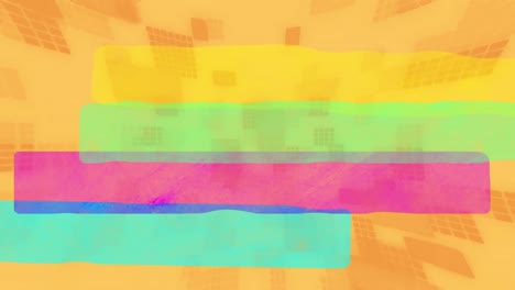animación de bandas azules, rosas, verdes y amarillas sobre cuadrados y rectángulos naranjas en movimiento en naranja
