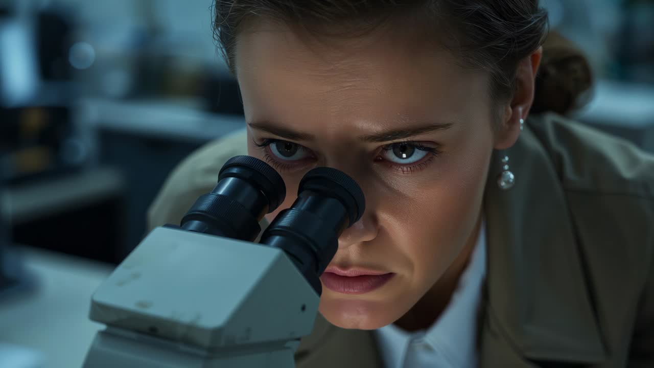 Ricercatore che studia un campione al microscopio binoculare con camice da laboratorio, con una lacrima che gli riga il volto