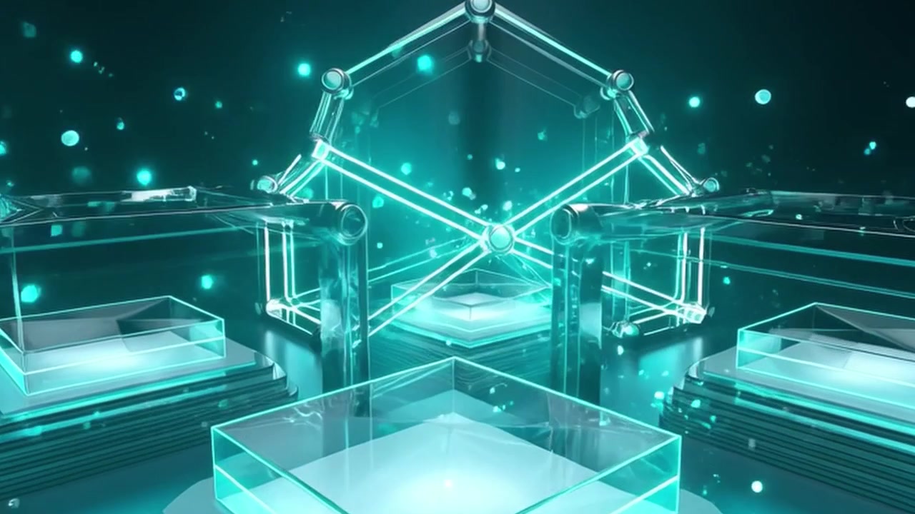 Abstract 3D Geometric Structure with Glowing Cyan Light and Floating Particles