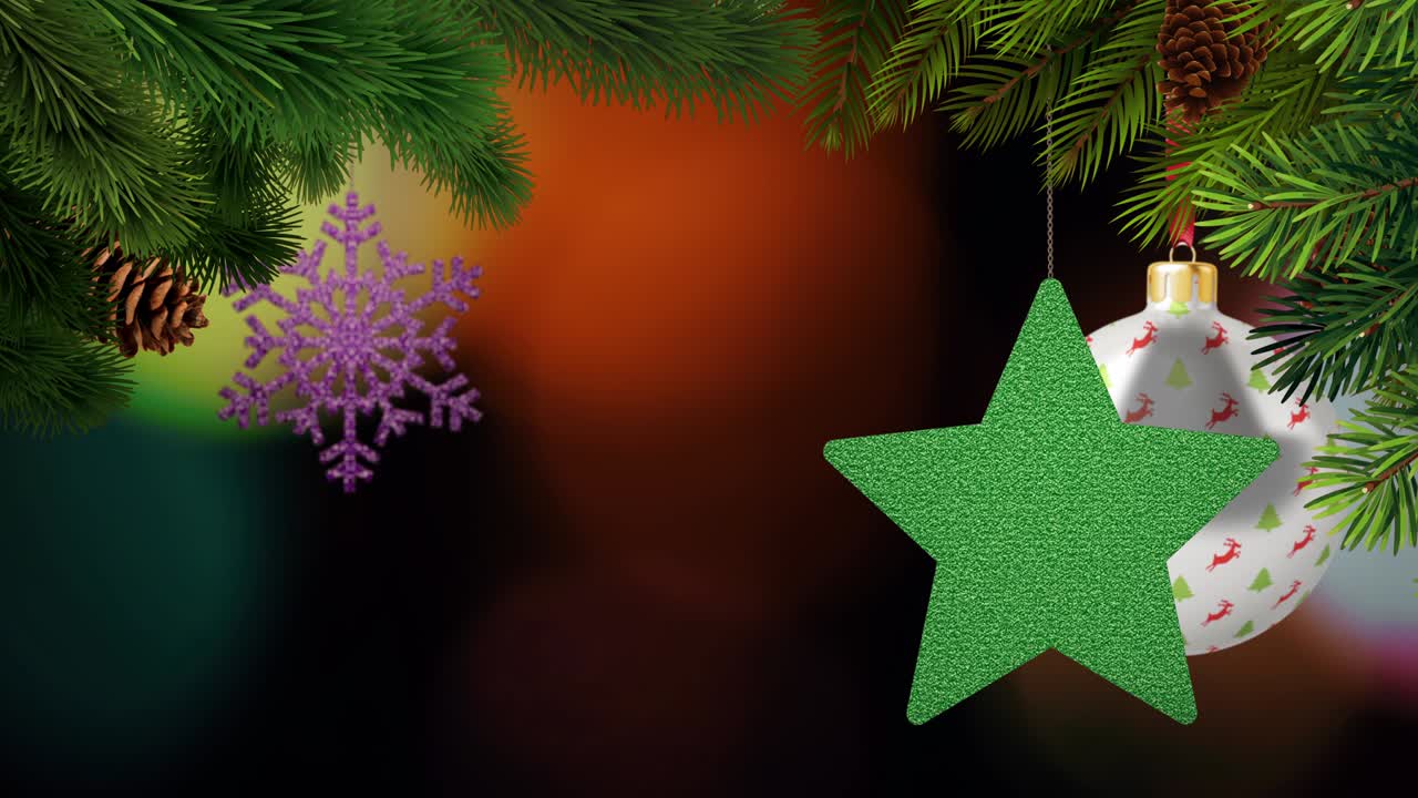 los adornos de navidad y los pinos se balancean en un fondo bokeh en bucle