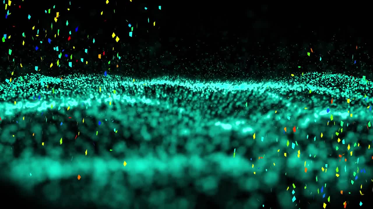 Digital animation of colorful confetti falling over green digital waves against black background