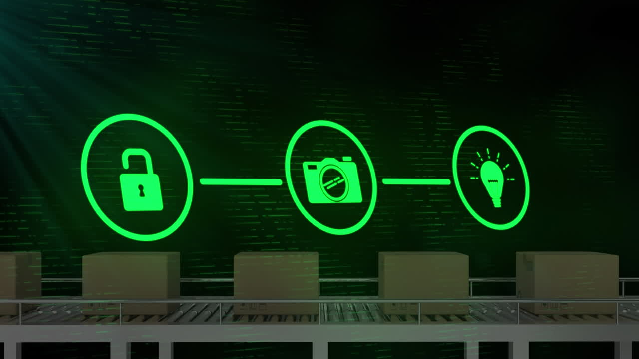 Animation of media icons over boxes on conveyor belt