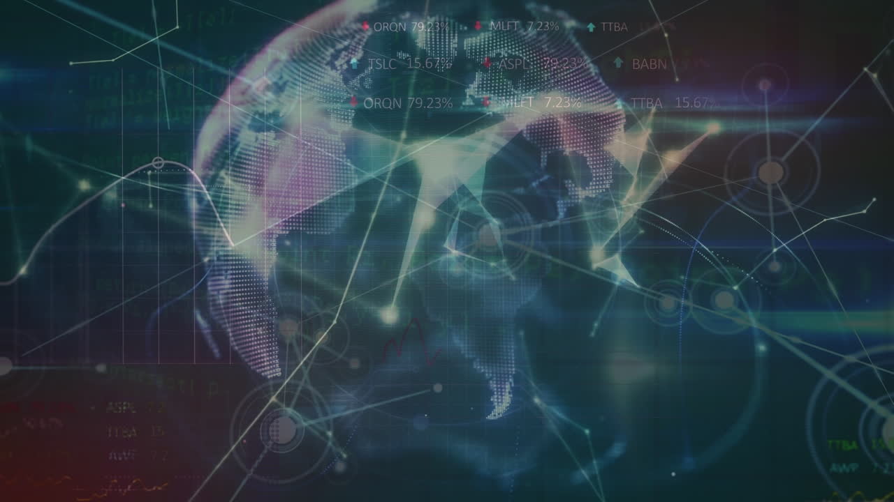 Animation of shapes, globe and connections over black digital space