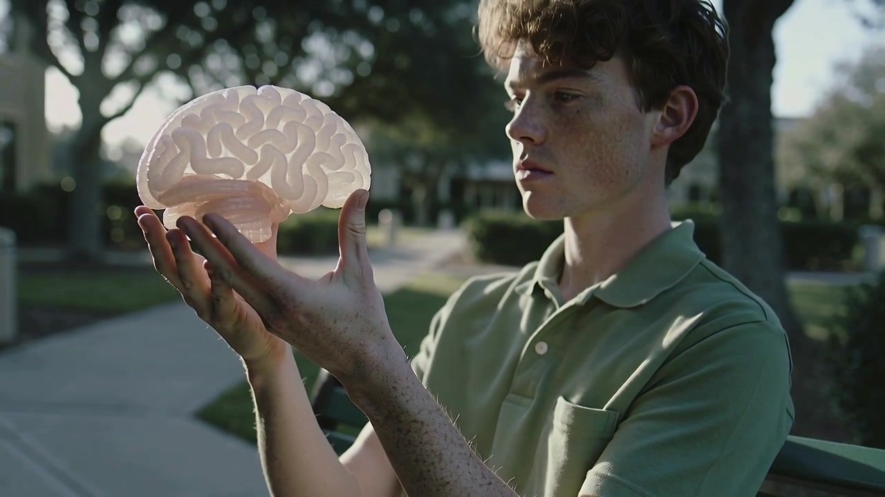 Camera pulling back, male in green polo lifting brain model on park bench, examining anatomy