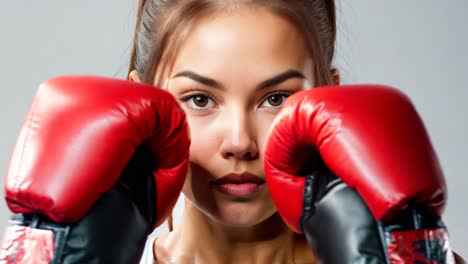 una mujer con guantes de boxeo rojos en un fondo gris