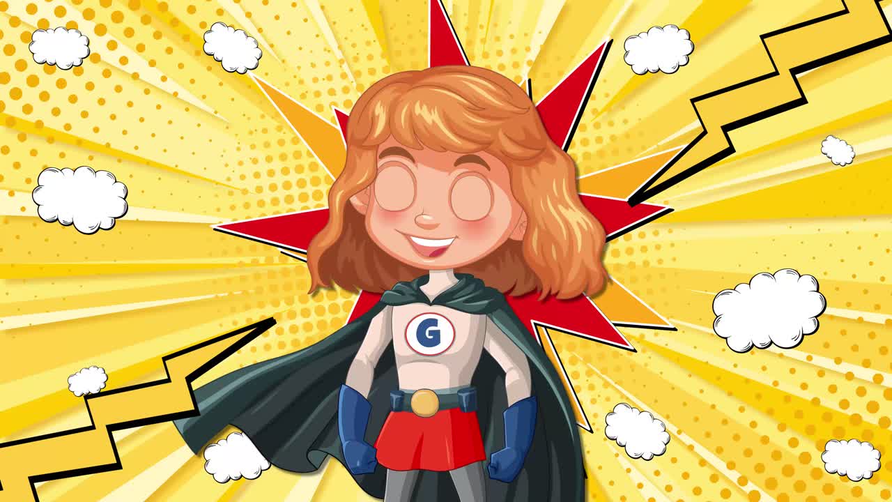 만화 스타일의 애니메이션에서 슈퍼히어로 소녀