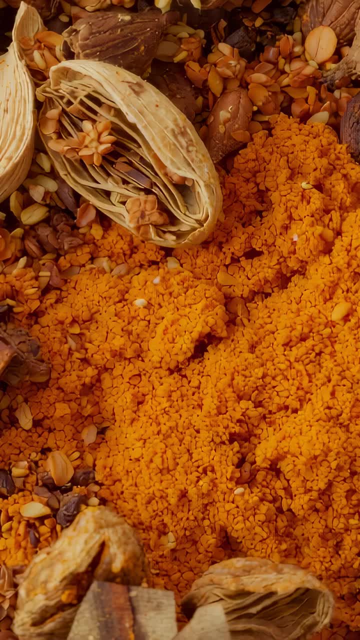 Vertical video: Shifting camera showing spice pile on dish, revealing orange powder and split pod