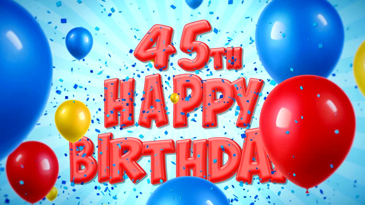 45 cumpleaños feliz texto rojo aparece en confeti popper explosiones cayendo y partículas de brillo, coloridos globos voladores animación de bucle sin fisuras para deseos saludos, fiesta, invitación, tarjeta.