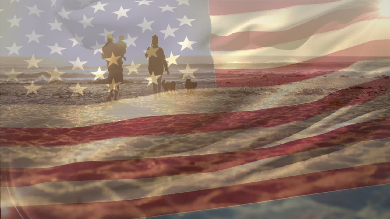 해변에서  ⁇ 는 개들과 함께 백인 가족 위에 있는 미국  ⁇ 발의 애니메이션