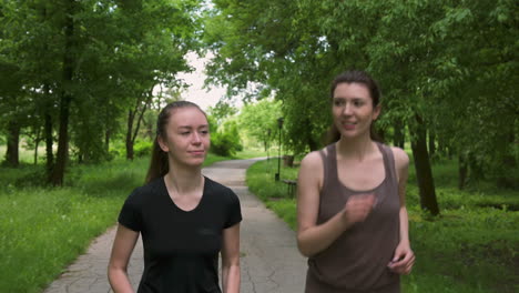 two pretty sportswomen with ponytail running outdoors, in the park