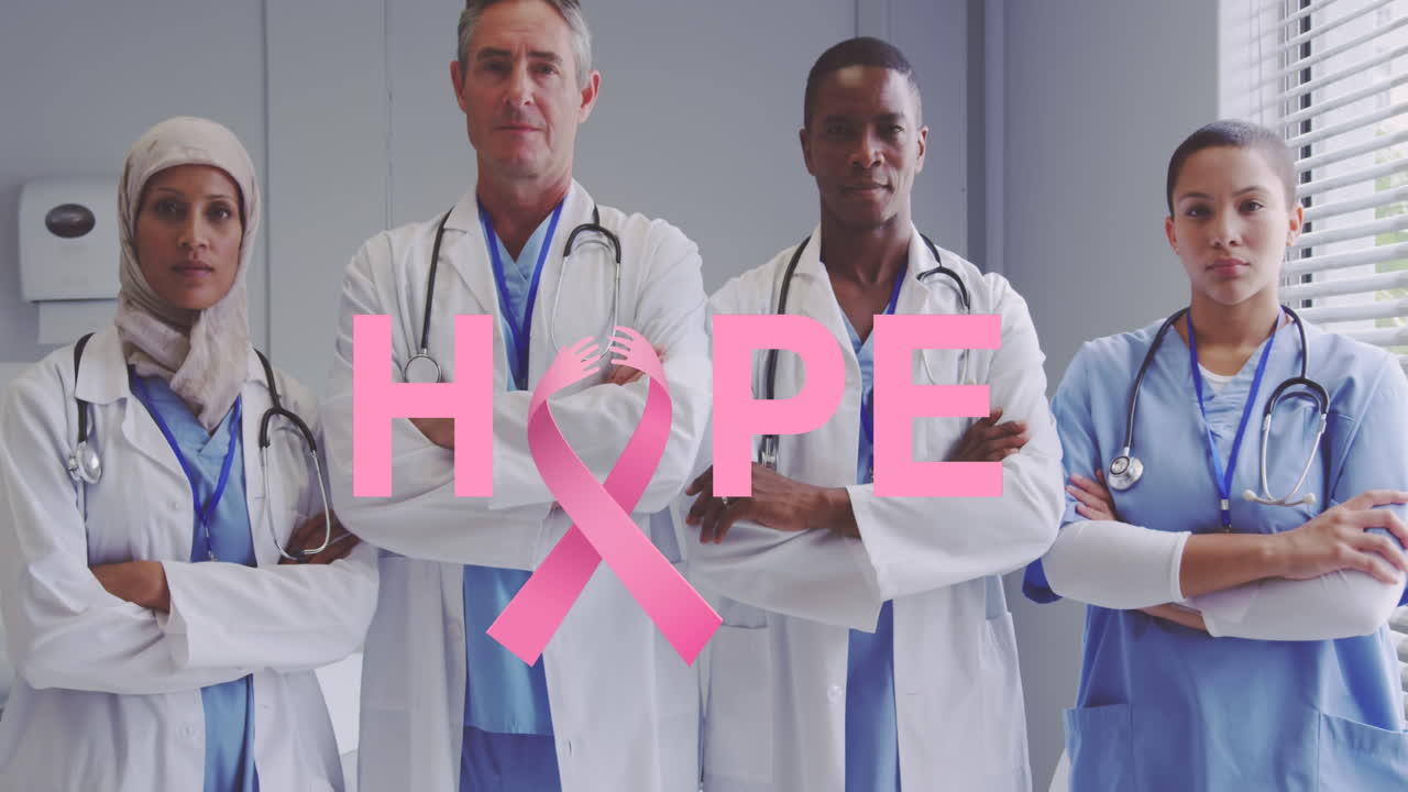 Animation of hope text over smiling diverse doctors at hospital