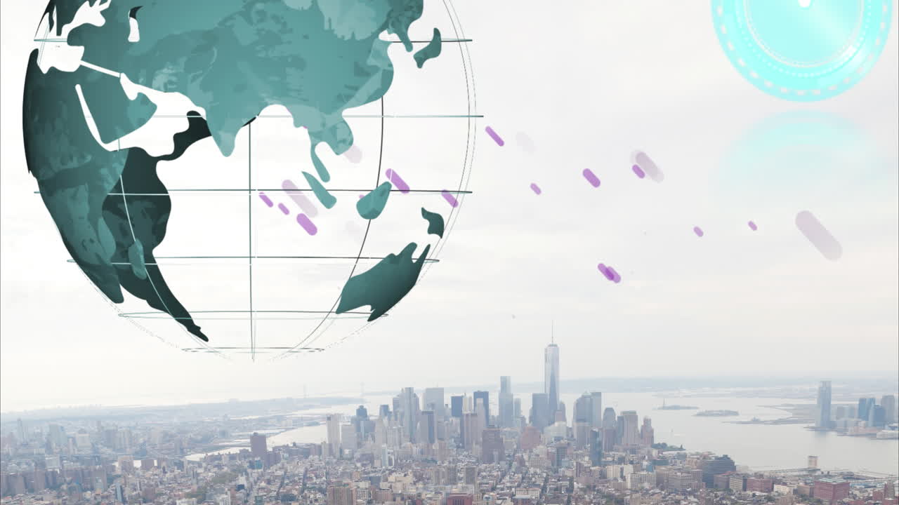 보라색 선, 움직이는 시계 및 도시 풍경 위의 지구의 애니메이션