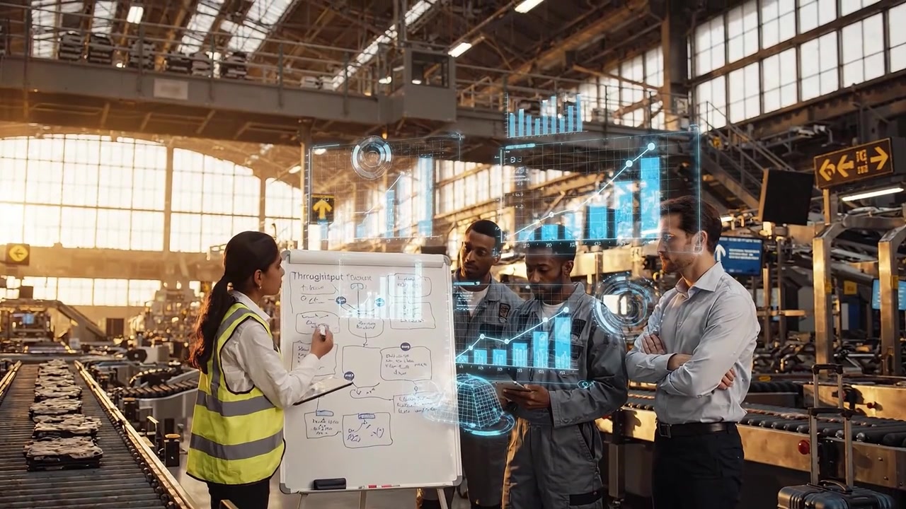 Equipo diverso analizando datos con proyecciones holográficas en una instalación industrial.