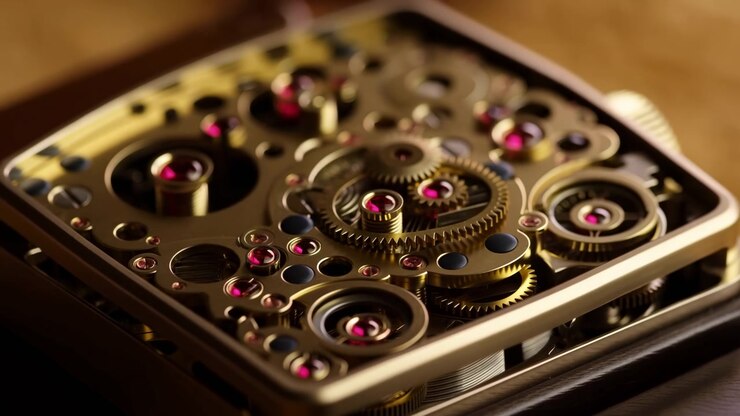 a detailed view of a watch movement on a wooden surface, showcasing the intricate craftsmanship and precision engineering of a mechanical watch, captured from a top-down perspective, ideal.