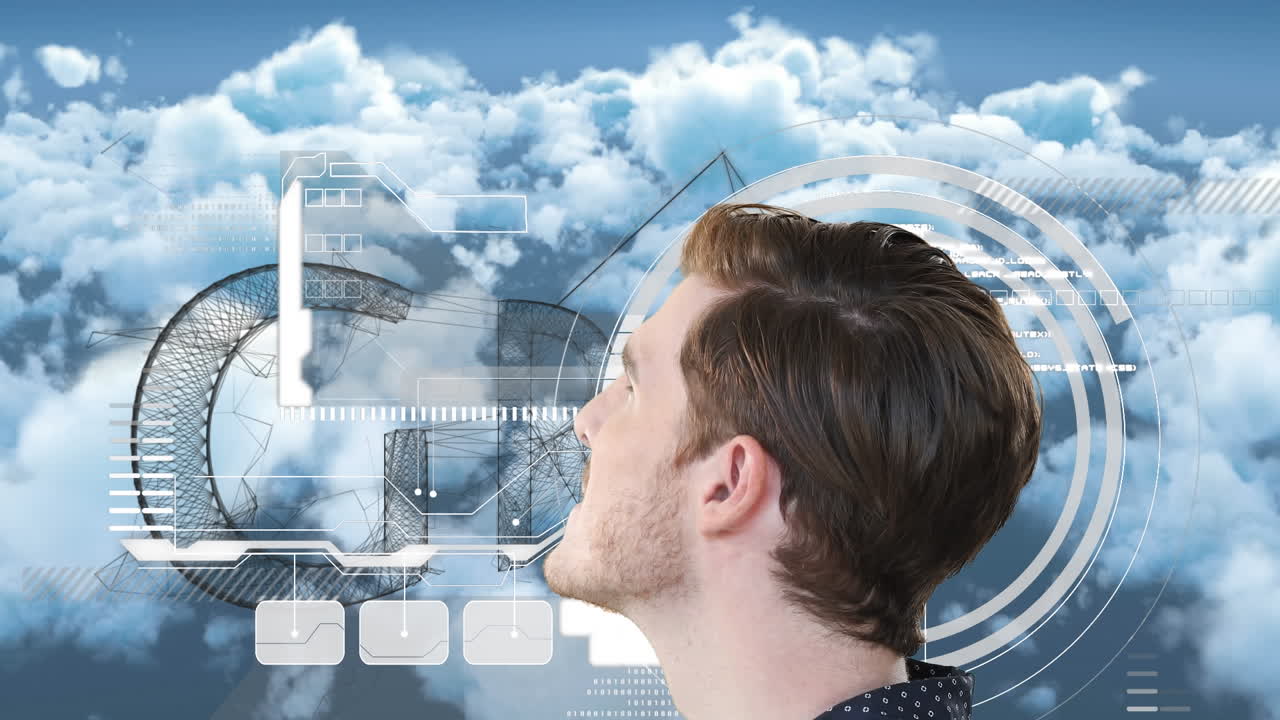 구름이 가득한 하늘 위에서 사람과 디지털 인터페이스의 애니메이션