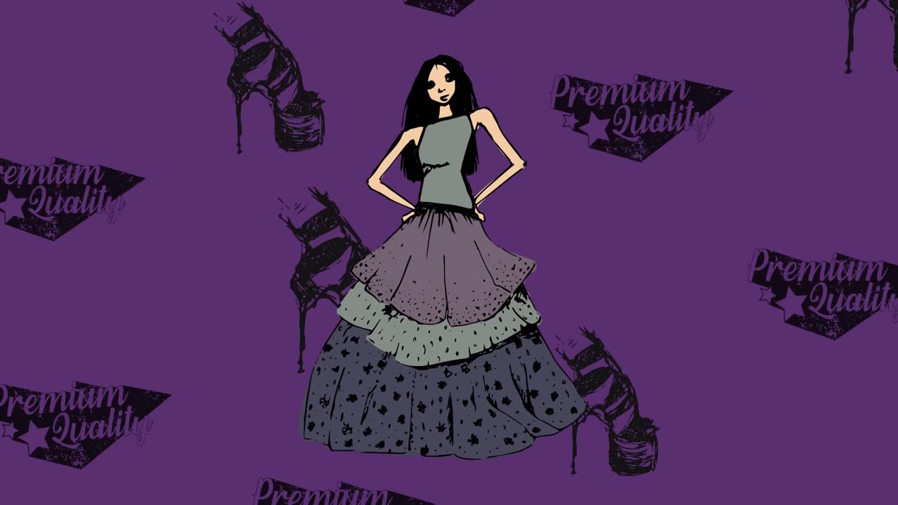 보라색 배경에 신발 아이콘과 모델의 애니메이션