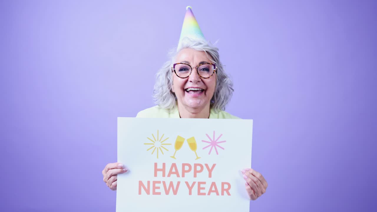 Donna Anziana Felice con Cappello da Festa che Tiene un Cartello di Capodanno