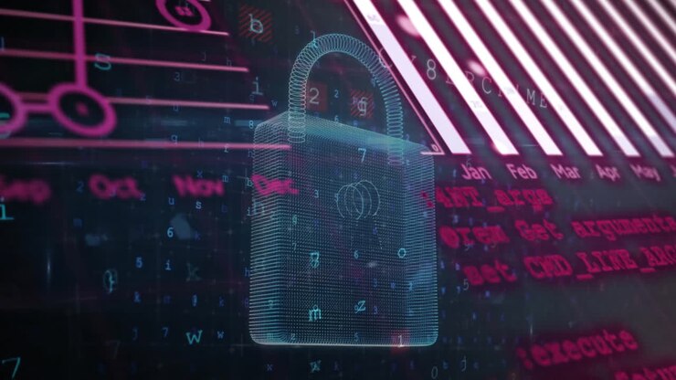 Animation of digital data processing over padlock on dark background