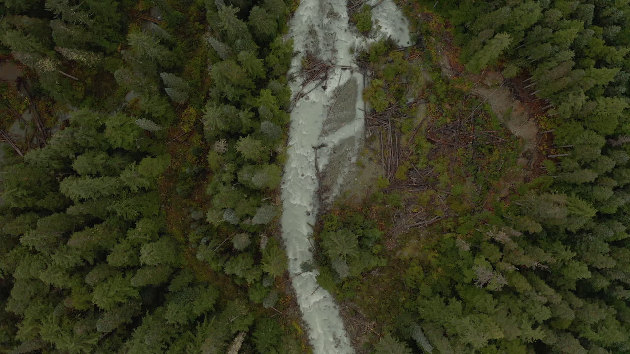 vista de pájaro volando sobre el río lleno de limo en el desierto de columbia británica