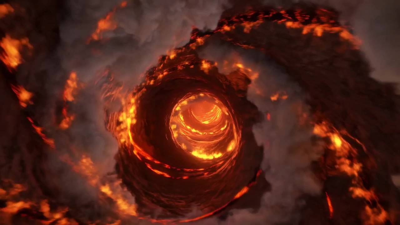 Vortice infuocato astratto con un centro luminoso, fumo vorticoso, braci ardenti e calore scuro intenso.