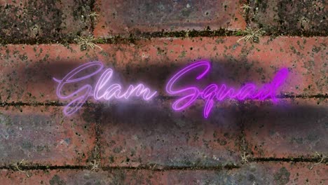 animation of neon purple glam squad text flickering over brick wall background