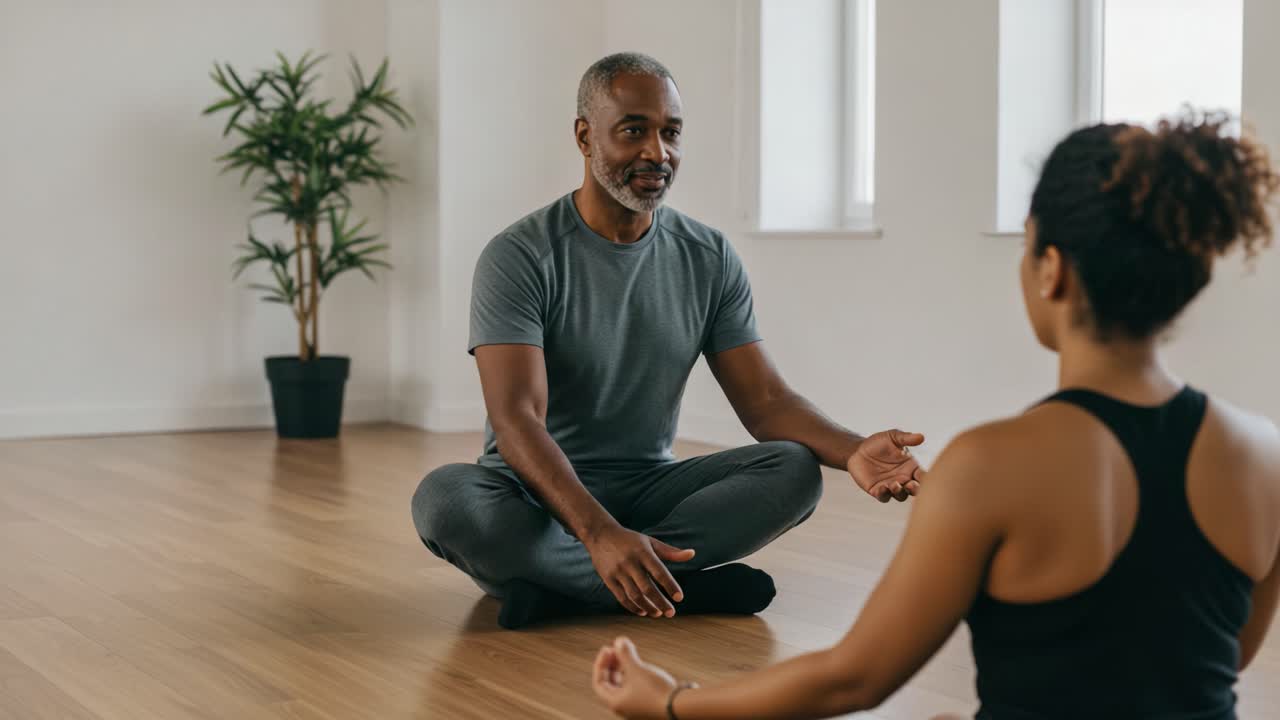 A Gentle Guide to Mindfulness: Two Frames Showcase the Tranquil Connection Between a Meditation Teacher and His Student in a Serene Yoga Studio Setting