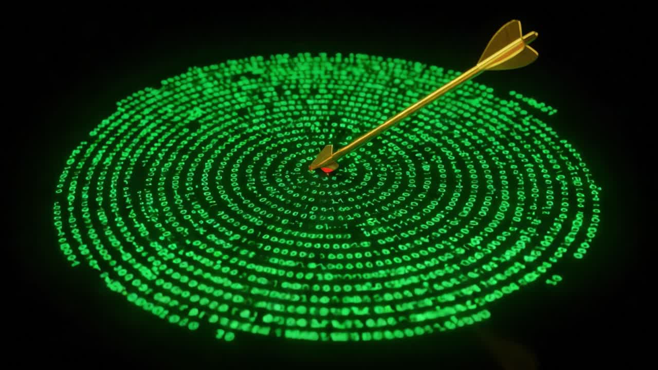 A Golden Arrow Precisely Hitting the Center of a Circular Green Binary Code Target, Representing Accuracy in Data and Technology