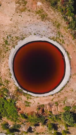 aerial view of a circular red pool in a landscape