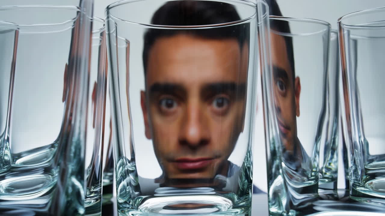 Man's Face Distorted Through Multiple Drinking Glasses
