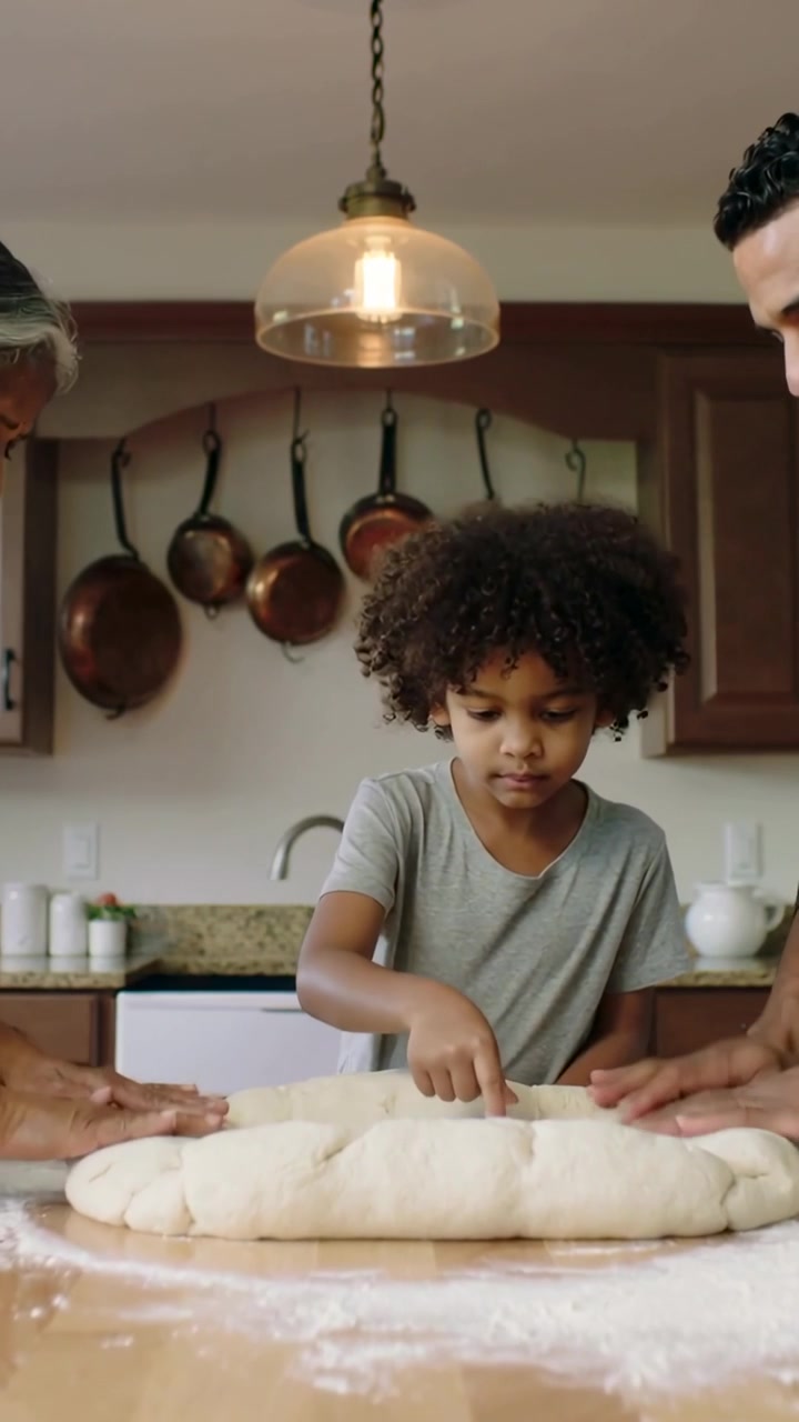 Vertical video: Shaping family holding dough ring as child poking hole at home counter for baking
