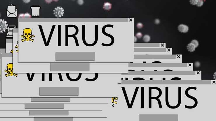 Digital animation of multiple tabs with skull icon and virus text against computer digital interface