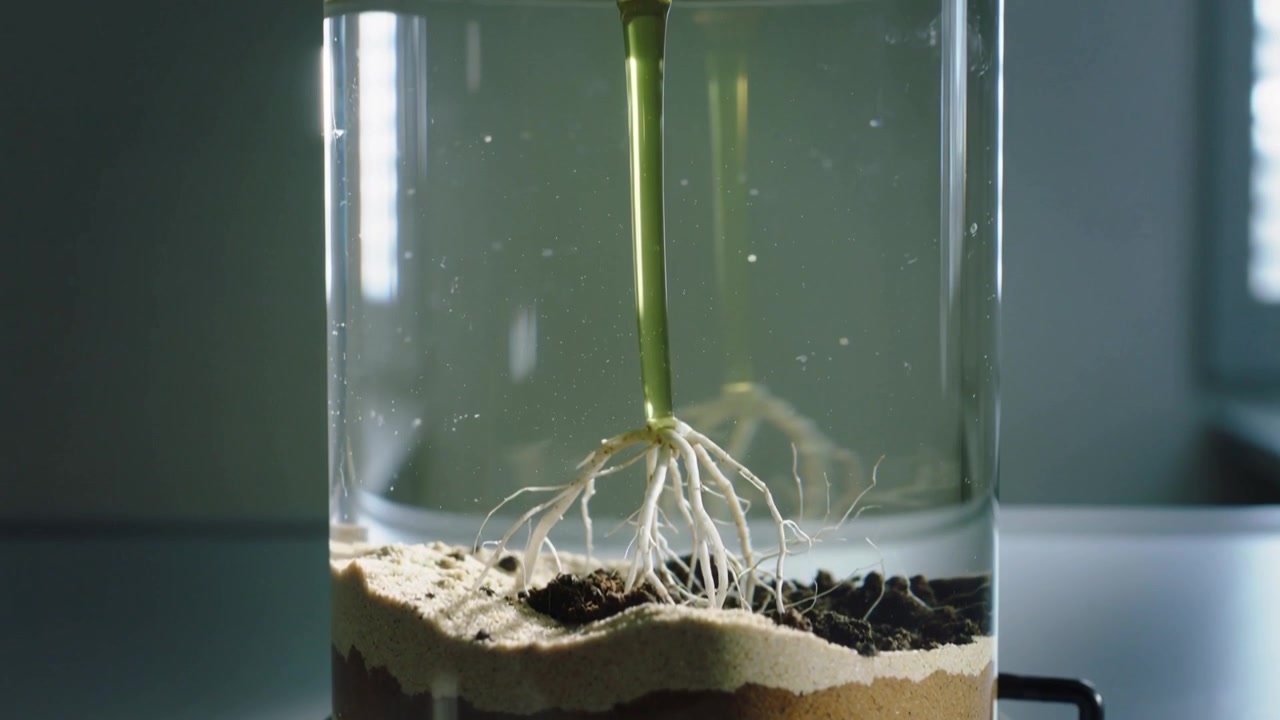 Activating pump causing green stem descending into laboratory cylinder, submerging white root crown
