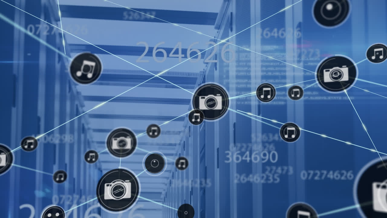 아이콘과 데이터 처리와 서버  ⁇ 을 통한 연결 네트워크의 애니메이션