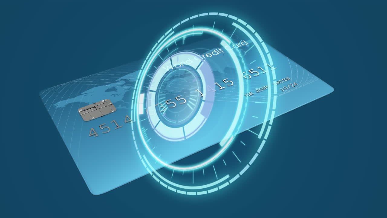 Animation of circulars safe lock turning over blue credit card, on dark blue background