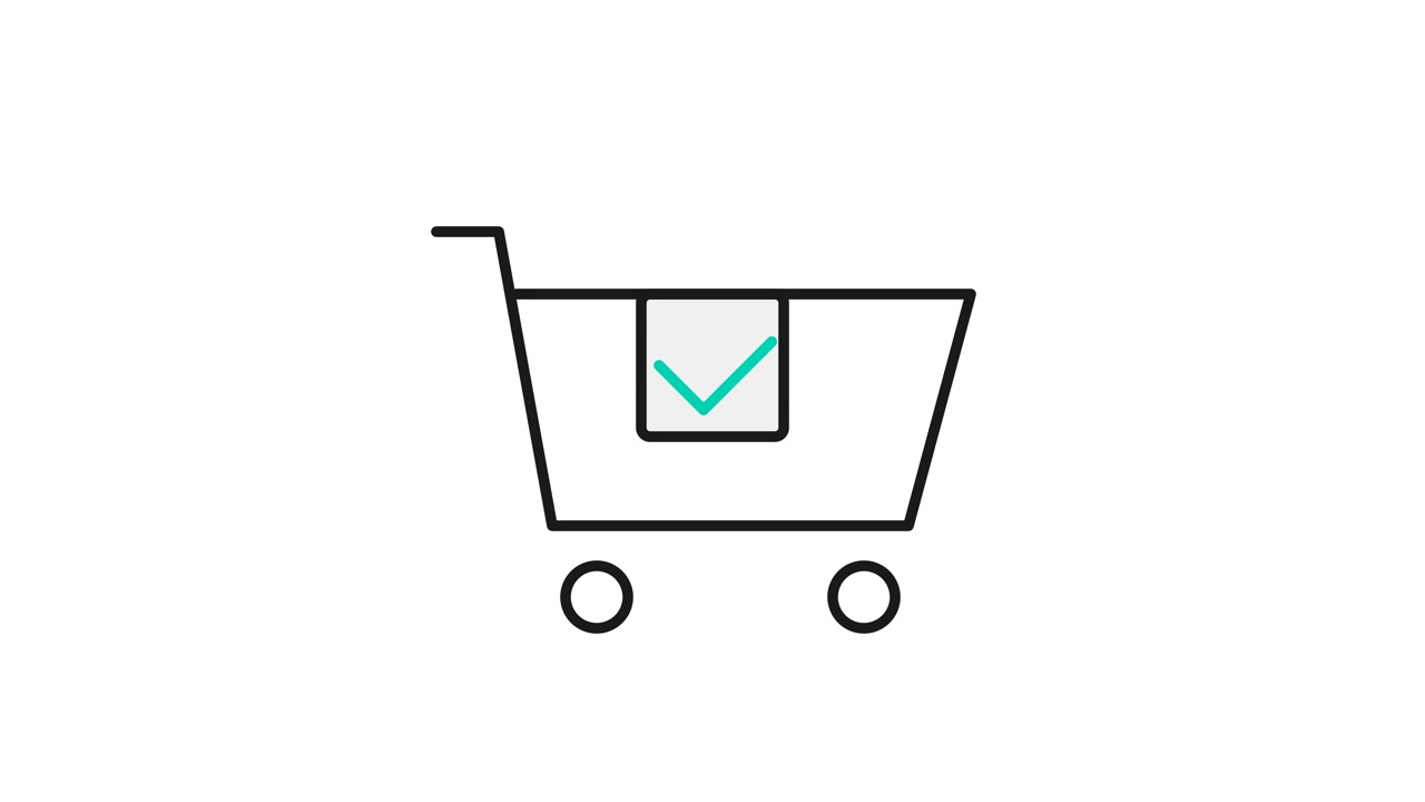 Animiertes Einkaufswagen-Symbol mit Paket und Häkchen