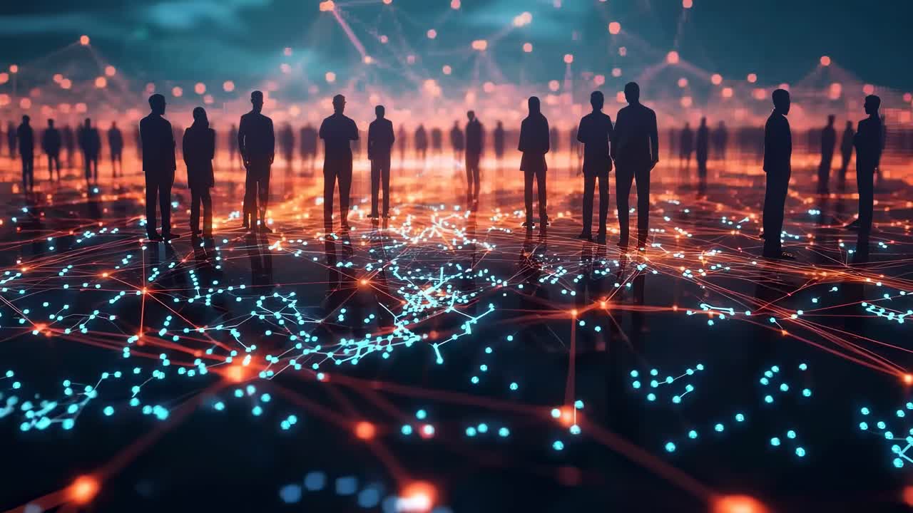 Silhouetted figures stand on a glowing network grid, viewed from a low angle