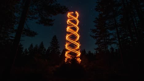 illuminated spiral: a breathtaking display of fire light twisting through the forest at night, creating a captivating visual experience against a starry sky