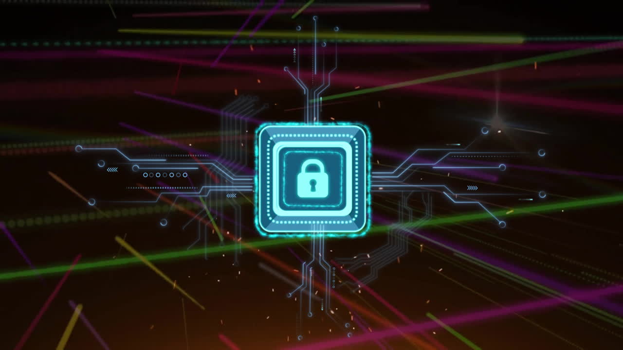 animación del icono del candado con placa de circuito de computadora sobre rastros de luz en fondo negro