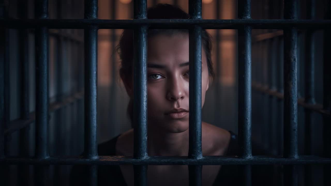 Responding to frames, woman in dark top opening eyes and centering gaze behind grille in corridor